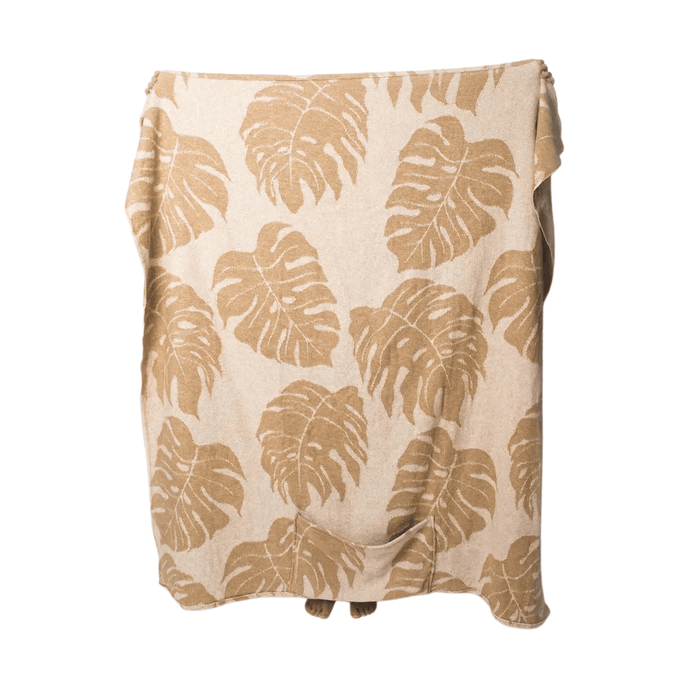 Schöne beige Kuscheldecke mit Monstera Blättern und Tasche für die Füße, Maße: 170 x 130cm